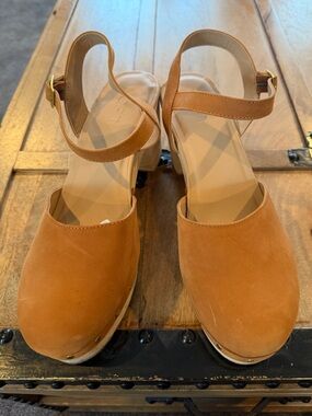 LOFT Tan Suede Platform Clogs with Ankle Strap